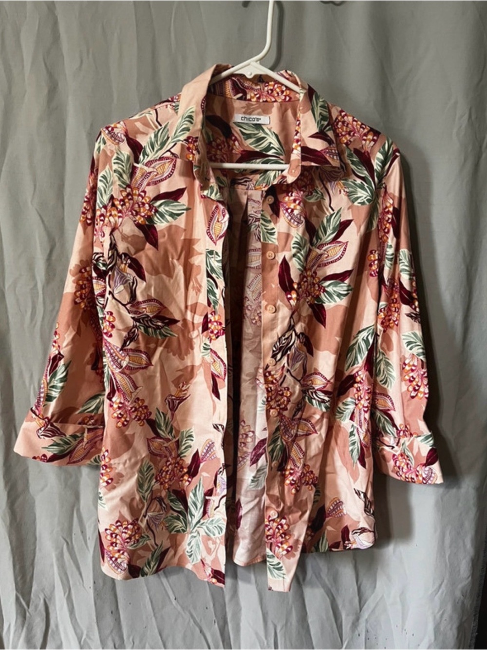 Chico's Pink Floral Button-Up Jacket with Green Leaf Print